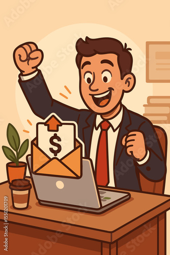 Happy businessman celebrating promotion and salary increase, receiving job offer email with dollar sign, success at work, career advancement, office desk computer, vector cartoon illustration concept