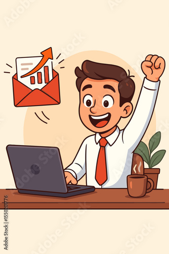 Happy office worker celebrating job promotion and salary increase after receiving positive email, business success, career advancement, professional achievement, cartoon vector illustration