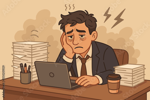 Overworked businessman at desk overwhelmed with paperwork, suffering burnout, stress, fatigue, mental exhaustion, workplace anxiety, coffee, office overload, vector cartoon illustration