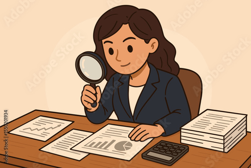 Female auditor analyzing financial documents with magnifying glass, accounting audit, businesswoman reviewing charts, reports, data, cartoon vector illustration for finance inspection concept