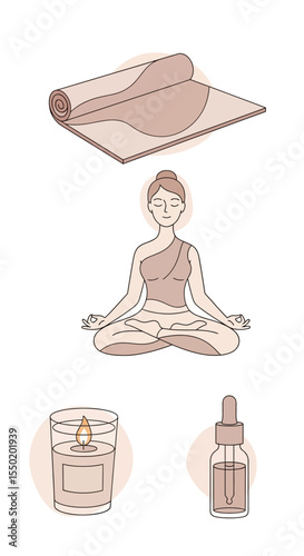 Mindfulness and Wellness Essentials – Meditation, Yoga Mat, Candle and Essential Oil Vector Set

