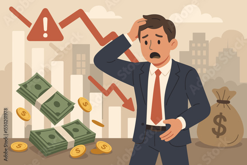 Financial crisis stock market crash, stressed businessman loss, money falling, investment risk, economic downturn, red trend arrow, declining graph, urban city background, vector illustration