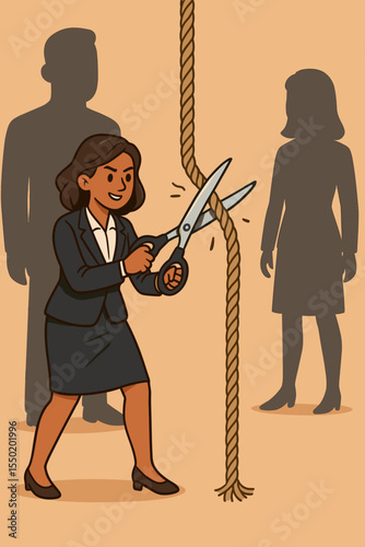 Gender equality in workplace, businesswoman cutting rope barrier, breaking glass ceiling, equal career opportunity, overcoming discrimination, empowerment, leadership, diversity, corporate success