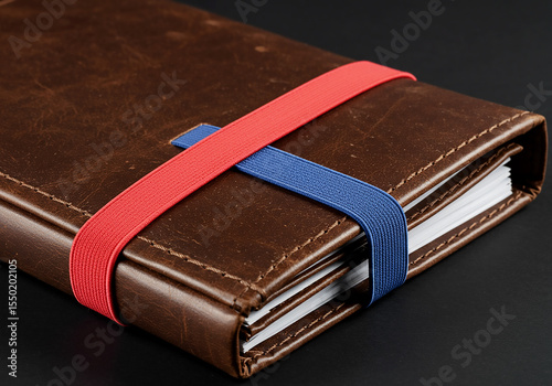 Elegant Leather Journal Secured with Red and Blue Elastic Bands A Stylish and Functional Accessory