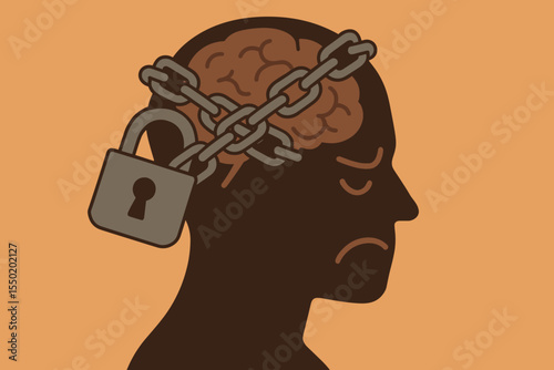 Locked Mindset Concept Illustration. Human Head Silhouette with Brain Bound by Chain and Padlock. Symbol of Negative Thinking, Mental Block, Psychology, Limiting Beliefs, Creativity Suppression