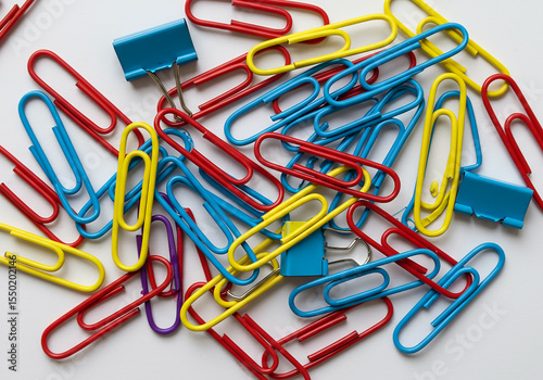 Colorful Paper Clips A vibrant collection of office supplies, showcasing various colors and sizes of paperclips, perfect for organization and adding a pop of color to your workspace.