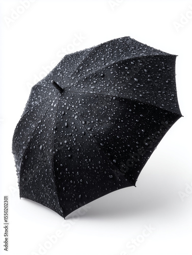Black Umbrella with Falling Rain on White Background

