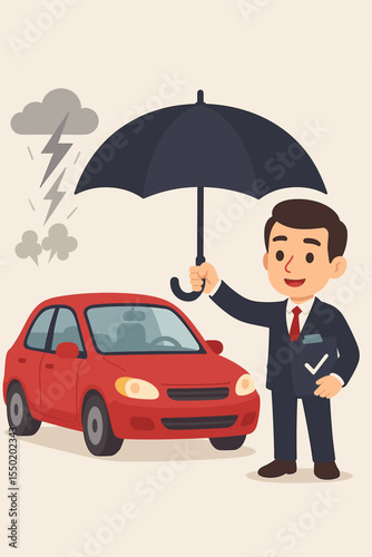 Car insurance agent cartoon character holding umbrella protecting red car from storm, accident risk, vehicle safety, security, protection concept illustration, policy service, claims support