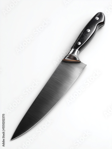Angled Chef’s Knife with Black Handle on White Background
