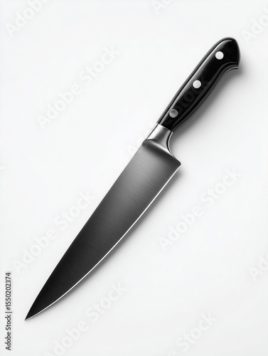 Professional Chef’s Knife with Black Handle on White Surface
