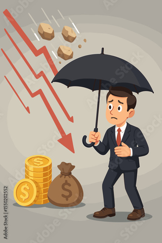 Businessman with Umbrella Protecting Money from Financial Crisis, Stock Market Crash, Investment Risk, Economic Downturn, Falling Profits, Lost Revenue, Business Insurance Concept Vector