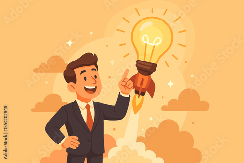 Business leader pointing at rocket-powered light bulb launching into sky, symbolizing innovation, creative startup success, business inspiration, entrepreneurship and breakthrough ideas concept vector