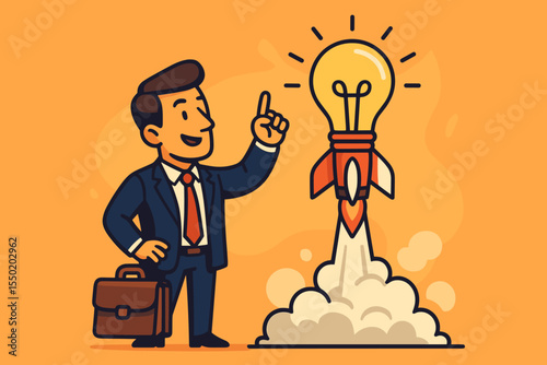 Businessman launches rocket light bulb creative idea. Startup innovation success concept. Entrepreneur inspiration, leadership, business growth motivation. Vector cartoon illustration
