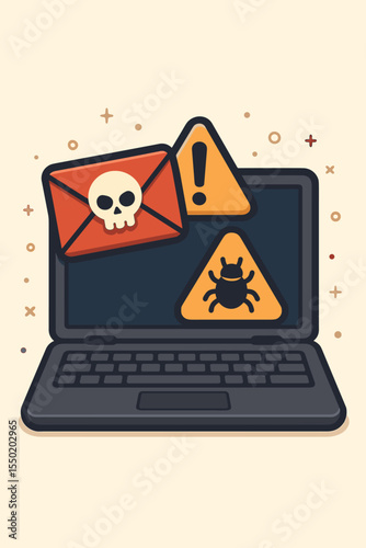 Cybersecurity threat alert vector illustration. Laptop with malware bug warning sign, phishing email with skull, virus danger, hacking attack concept. Computer security, cybercrime, digital protection