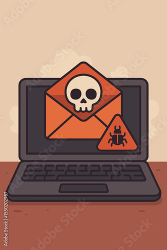 Cybersecurity phishing email attack concept. Encrypted message with skull and malware bug warning symbol on laptop screen. Internet fraud, spam email virus, data breach risk vector illustration