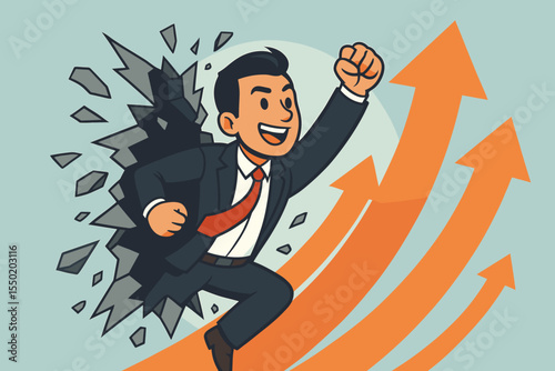 Businessman breaking through wall with fist, upward arrows, success, overcoming obstacles, career growth, motivation, innovation, leadership, resilience, business achievement concept vector