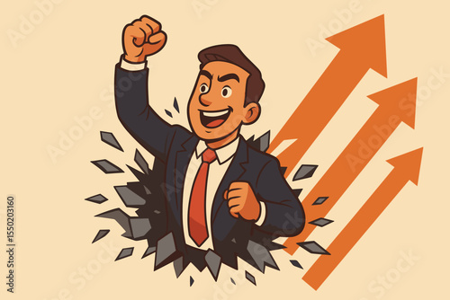 Businessman breaking through barriers, success concept. Upward arrows, career growth, overcoming obstacles, leadership, motivation. Vector cartoon illustration of achievement and progress in business