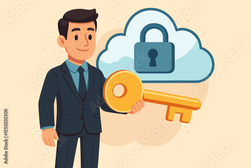 Businessman holding golden password key in front of cloud with padlock symbol, concept for cloud security, data protection, access control, privacy, secure online storage, cybersecurity illustration