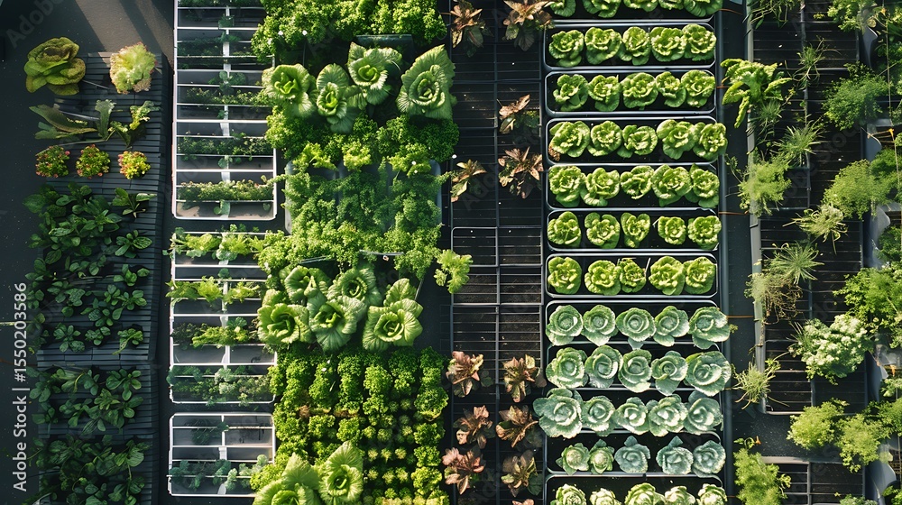 Fototapeta premium Aerial view of a vertical garden with rows of lettuce and other leafy green vegetables growing in containers .