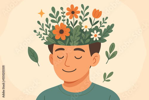 Mental health and happiness concept illustration. Man with blooming flower garden in head, flourishing mind, emotional healing, positive thinking, wellness, mindfulness, self care, growth vector