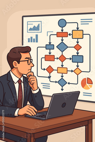 Business manager analyzing complex data flow chart, workflow process, decision making, strategy planning, project management, office meeting, cartoon vector illustration, analytics concept