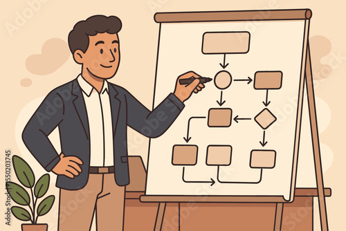 Businessman Presenting Workflow Process Chart on Flipchart, Planning Business Strategy System Structure, Project Management Analysis, Office Meeting, Vector Illustration Concept