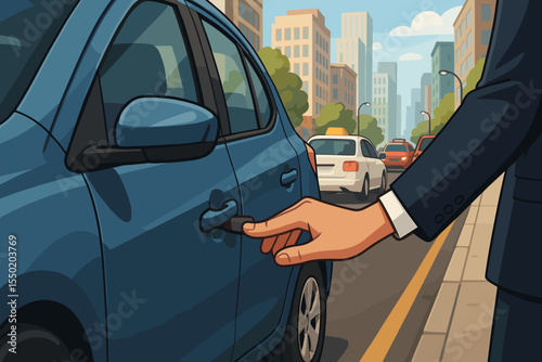 Businessman hand opening blue car door on busy urban city street, transportation concept, modern commute, downtown traffic, taxi cab, vehicle access, cartoon vector illustration