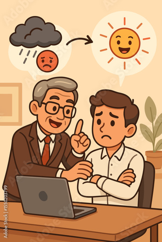 Business mentor advising employee to overcome negative thinking, adopt positive mindset, workplace support, coaching, mental health improvement, cartoon vector illustration, office conversation