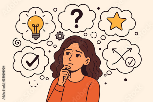 Thoughtful woman brainstorming ideas, decision making process, creativity and problem solving concept, question mark, light bulb, checklist, arrows, cartoon vector illustration, mental focus