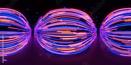 HDRI. Glowing neon lines. Full spherical panorama 360 degrees. 3D render illustration.