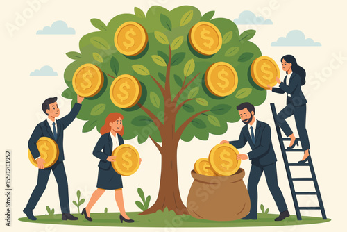 Business Team Collecting Gold Coins from Money Tree for Financial Success, Investment Growth, Wealth and Profit Concept, Teamwork Harvest, Fortune, Economy, Cartoon Vector Illustration