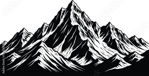 Dramatic black and white mountain range peaks silhouette illustration