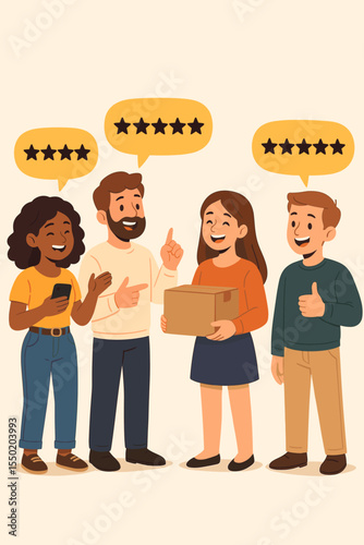 Happy diverse customers giving five star product reviews, sharing satisfaction, word of mouth marketing, referral, feedback, online shopping, client testimonial, loyalty, vector illustration