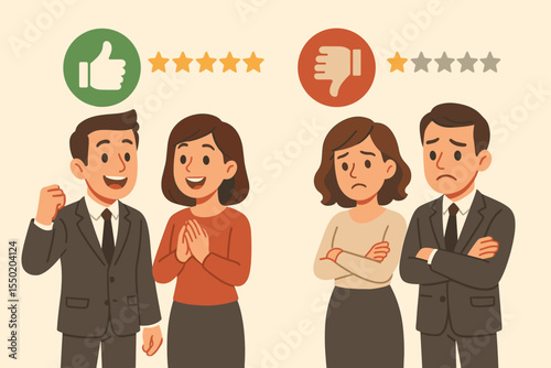 Business client feedback cartoon, positive and negative customer reactions, thumbs up and down, five-star rating evaluation, judgment concept, professional team characters, office illustration