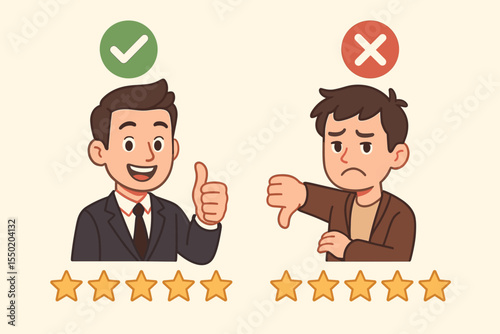 Business client feedback concept. Positive and negative customer reactions. Cartoon man with thumbs up and down. Five star rating system. Judging satisfaction, service quality, review illustration
