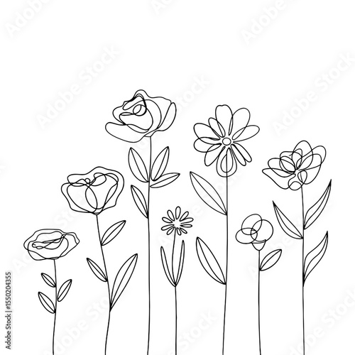 Tall Garden Bouquet. A vibrant line illustration of tall blooming flowers and foliage, perfect for natural themes and eco-friendly branding.