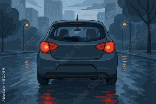 Rear view city car at night with glowing red brake lights on wet rainy street, urban buildings, reflections, trees, road, traffic safety, driving in rain, cartoon vector illustration