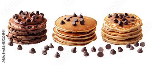 Delightful Chocolate Chip Pancakes on Transparent Background on transparent background. cut flower elements, garden themed designs. Top view high quality PNG. design elements, top view - flat lay