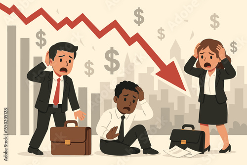 Economic recession crisis stock market crash. Downward red arrow. Financial loss, business decline, investment failure. Stressed investors, businesspeople, bankrupt business. Vector illustration