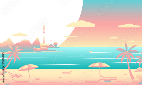Vector minimalistic illustration of a rocket launch near a tropical beach, palm trees, umbrellas, sun loungers, pastel sea, and futuristic buildings. Ideal for summer, space, and exploration concept