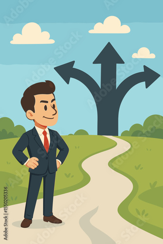 Businessman Standing at Crossroads Making Career Choices, Decision-Making Concept with Direction Arrows, Leadership, Opportunity, Strategy, Ambition, Success Path. Vector Cartoon Illustration