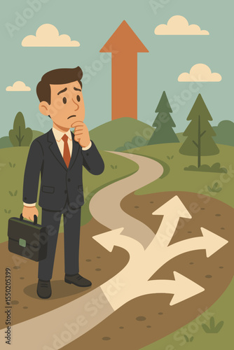 Businessman Decision Making at Crossroads with Directional Arrows, Strategic Choice, Career Path, Leadership, Opportunity, Success Concept, Professional in Suit, Vector Illustration