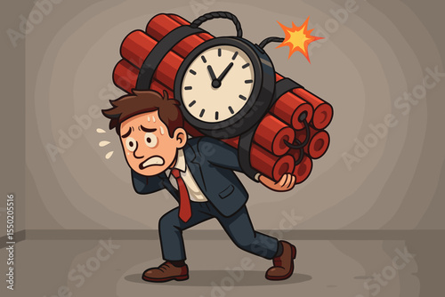 Overwhelmed businessman carrying ticking time bomb, stress pressure deadline overload, anxiety time management crisis, urgent risk danger, burnout, cartoon vector illustration concept workplace