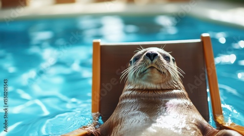 A charming seal lounges comfortably on a sun chair beside a sparkling pool, presenting a playful and unique perspective of wildlife enjoying leisure time in a vibrant setting.