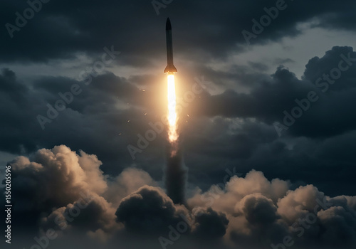 Spectacular Rocket Launch  A Fiery Ascent Through Dark Clouds into the Cosmos