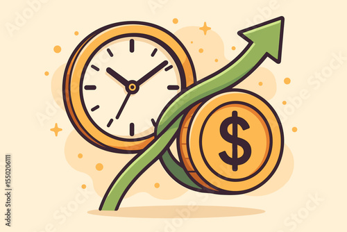 Time and Money Investment Growth Concept. Clock and Dollar Coin Intertwined with Green Upwards Arrow. Financial Planning, Wealth Management, Business Success, Savings Strategy Vector Illustration