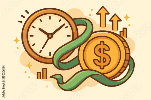 Time and Money Connection Concept. Clock and Dollar Coin Intertwined with Ribbon, Financial Planning, Investment Growth, Wealth Management, Budget Strategy, Economy Success Vector Illustration