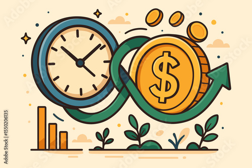 Time and Money Intertwined Concept, Financial Planning and Investment Growth, Clock and Dollar Coin Metaphor, ROI, Business Success, Economic Strategy, Profitable Management Vector Illustration