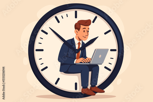 Time management business concept. Office worker in suit using laptop sitting inside big wall clock. Productivity, deadline, multitasking, efficient work, planning, organization, workplace illustration