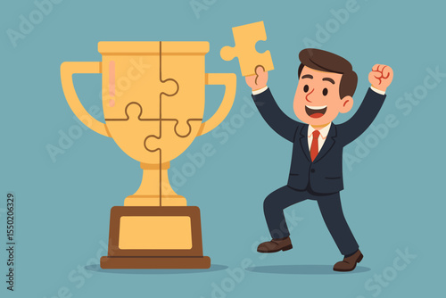 Successful businessman completing puzzle trophy, achievement concept, problem solving, teamwork, business victory, leadership, motivation, goal accomplishment, cartoon vector illustration
